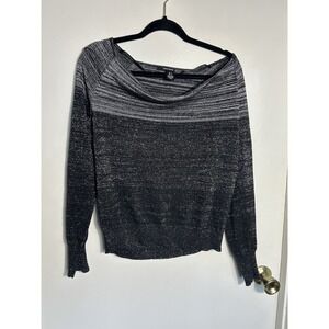 DKNY Jeans Metallic Silver Black Striped Sweater M Medium Knit Boat Neck Shimmer